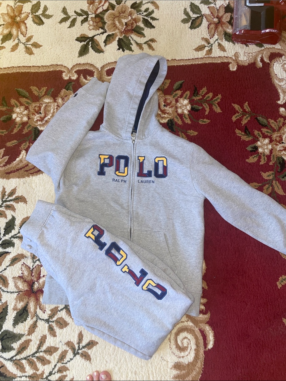 Polo by Ralph Lauren Light Gray Kids Zip Hoodie with Multicolor Logo